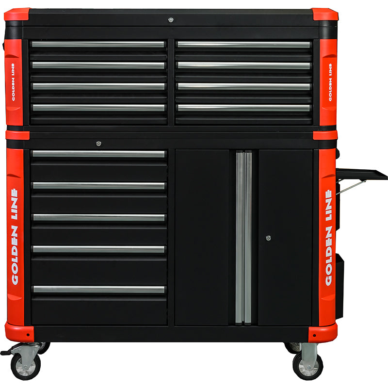 GAODELAI GL3508XL&GL3505XL Extra wide 8 drawer tool box with lid + Extra wide 5 drawer tool cart with double door cabinet side trays and trash cans