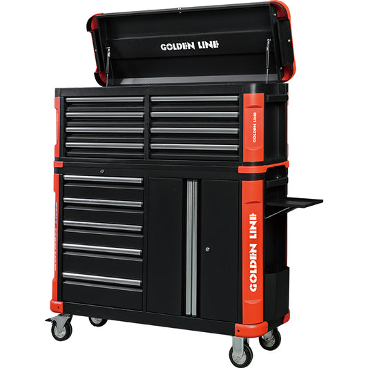 GAODELAI  GL3508XL&GL3505XL Extra wide 8 drawer tool box with lid + Extra wide 5 drawer tool cart with double door cabinet side trays and trash cans